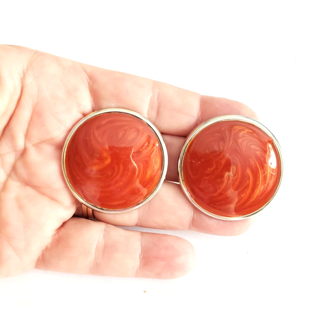 Vintage Orange Pierced‎ Earrings Enamel Large Round 1.5" 1980s Jewelry rp-35